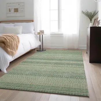 8' X 10' Fern Green And Ivory Striped Washable Area Rug With UV Protection