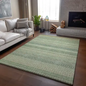 9' X 12' Fern Green And Ivory Striped Washable Area Rug With UV Protection