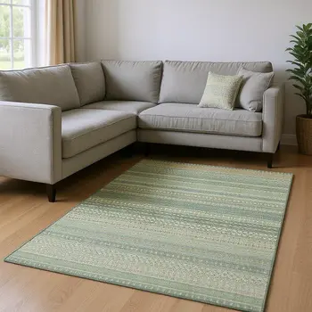 10' X 14' Fern Green And Ivory Striped Washable Area Rug With UV Protection