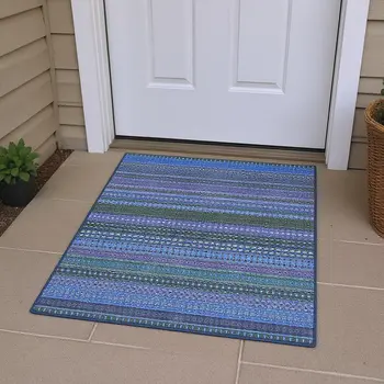 3' X 5' Blue And Ivory Striped Washable Area Rug With UV Protection