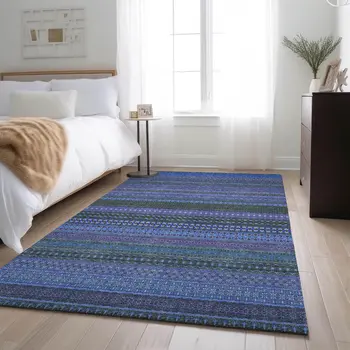 8' X 10' Blue And Ivory Striped Washable Area Rug With UV Protection