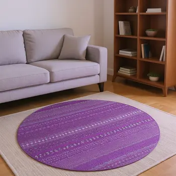 8' Eggplant And Ivory Striped Washable Round Rug With UV Protection
