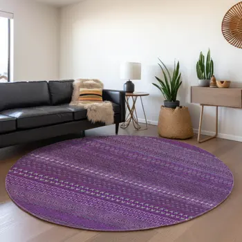 8' Eggplant And Ivory Striped Washable Round Rug With UV Protection