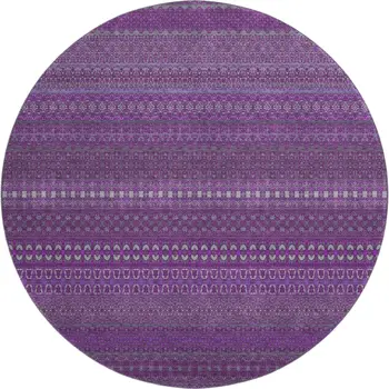 8' Eggplant And Ivory Striped Washable Round Rug With UV Protection