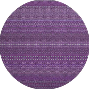 8' Eggplant And Ivory Striped Washable Round Rug With UV Protection