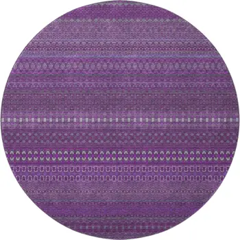 8' Eggplant And Ivory Striped Washable Round Rug With UV Protection