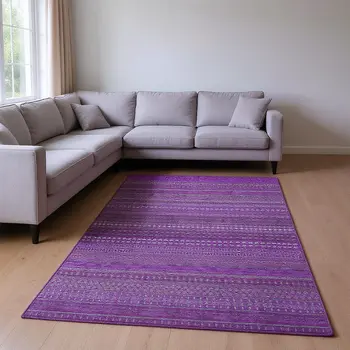 8' X 10' Eggplant And Ivory Striped Washable Area Rug With UV Protection