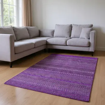10' X 14' Eggplant And Ivory Striped Washable Area Rug With UV Protection