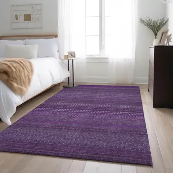 10' X 14' Eggplant And Ivory Striped Washable Area Rug With UV Protection