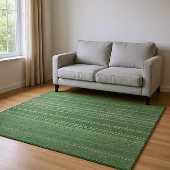 5' X 8' Fern Green And Ivory Striped Washable Area Rug With UV Protection