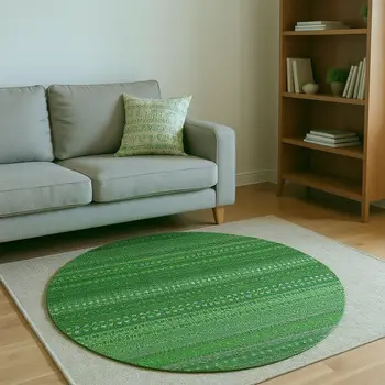 8' Fern Green And Ivory Striped Washable Round Rug With UV Protection