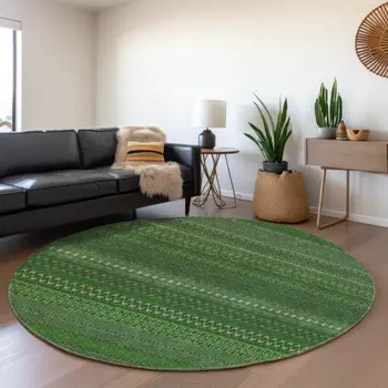 8' Fern Green And Ivory Striped Washable Round Rug With UV Protection