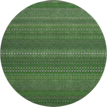 8' Fern Green And Ivory Striped Washable Round Rug With UV Protection