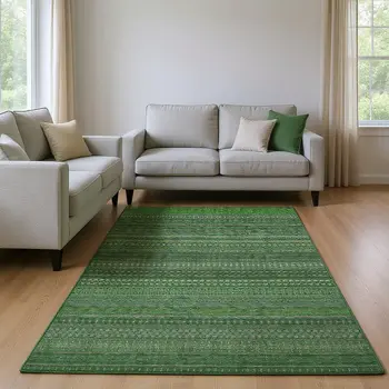 8' X 10' Fern Green And Ivory Striped Washable Area Rug With UV Protection