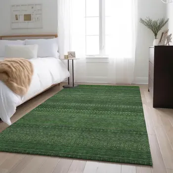 9' X 12' Fern Green And Ivory Striped Washable Area Rug With UV Protection