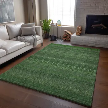 9' X 12' Fern Green And Ivory Striped Washable Area Rug With UV Protection