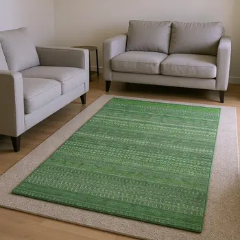 10' X 14' Fern Green And Ivory Striped Washable Area Rug With UV Protection
