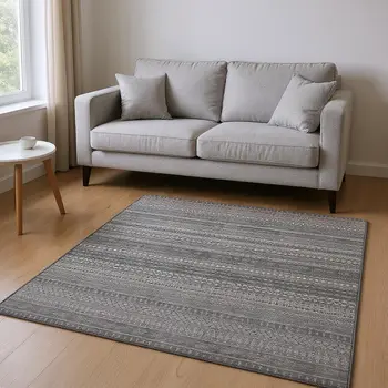 5' X 8' Gray And Ivory Striped Washable Area Rug With UV Protection