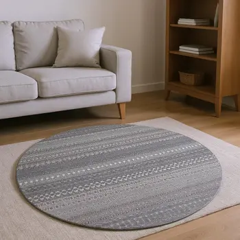 8' Gray And Ivory Striped Washable Round Rug With UV Protection