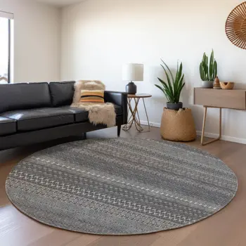 8' Gray And Ivory Striped Washable Round Rug With UV Protection