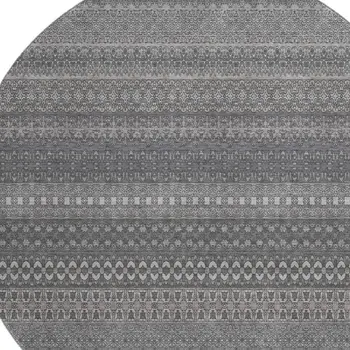 8' Gray And Ivory Striped Washable Round Rug With UV Protection