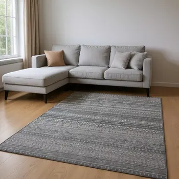 8' X 10' Gray And Ivory Striped Washable Area Rug With UV Protection