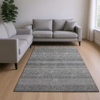 9' X 12' Gray And Ivory Striped Washable Area Rug With UV Protection