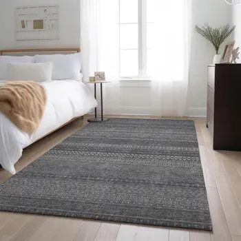 10' X 14' Gray And Ivory Striped Washable Area Rug With UV Protection