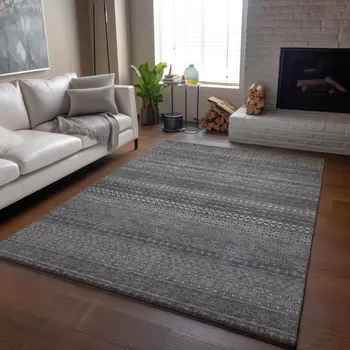 10' X 14' Gray And Ivory Striped Washable Area Rug With UV Protection