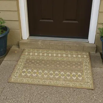 3' X 5' Khaki And Ivory Striped Washable Area Rug With UV Protection