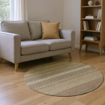 8' Khaki And Ivory Striped Washable Round Rug With UV Protection