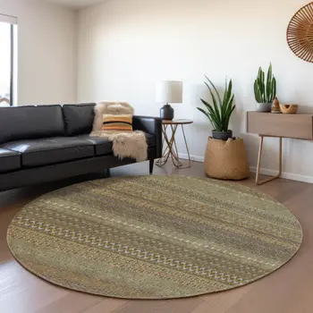 8' Khaki And Ivory Striped Washable Round Rug With UV Protection