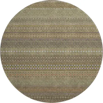 8' Khaki And Ivory Striped Washable Round Rug With UV Protection