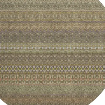8' Khaki And Ivory Striped Washable Round Rug With UV Protection