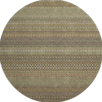 8' Khaki And Ivory Striped Washable Round Rug With UV Protection