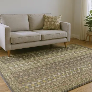 8' X 10' Khaki And Ivory Striped Washable Area Rug With UV Protection