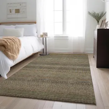 9' X 12' Khaki And Ivory Striped Washable Area Rug With UV Protection