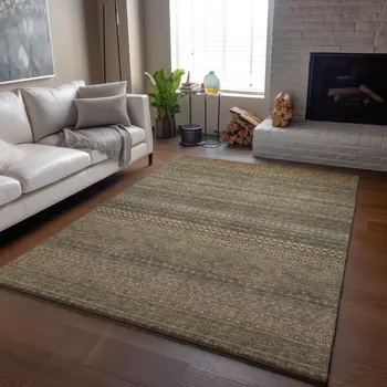 9' X 12' Khaki And Ivory Striped Washable Area Rug With UV Protection