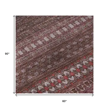 5' X 8' Merlot And Ivory Striped Washable Area Rug With UV Protection