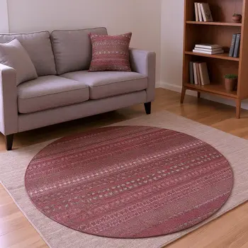 8' Merlot And Ivory Striped Washable Round Rug With UV Protection