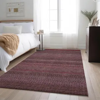 8' X 10' Merlot And Ivory Striped Washable Area Rug With UV Protection
