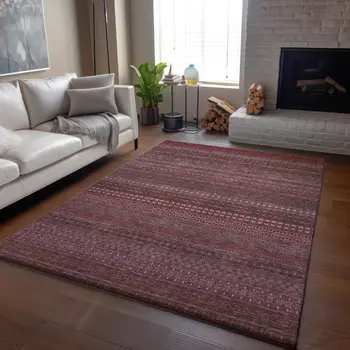 9' X 12' Merlot And Ivory Striped Washable Area Rug With UV Protection