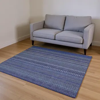 5' X 8' Navy Blue And Ivory Striped Washable Area Rug With UV Protection