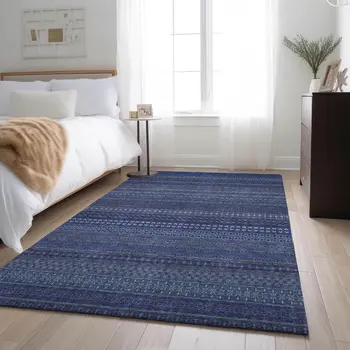 5' X 8' Navy Blue And Ivory Striped Washable Area Rug With UV Protection