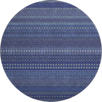 8' Navy Blue And Ivory Striped Washable Round Rug With UV Protection