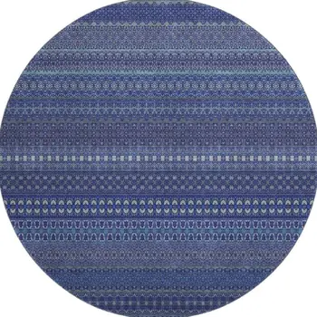 8' Navy Blue And Ivory Striped Washable Round Rug With UV Protection