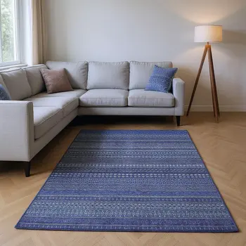 9' X 12' Navy Blue And Ivory Striped Washable Area Rug With UV Protection