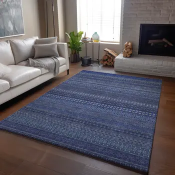 9' X 12' Navy Blue And Ivory Striped Washable Area Rug With UV Protection