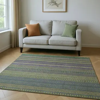 5' X 8' Olive Green And Blue Striped Washable Area Rug With UV Protection