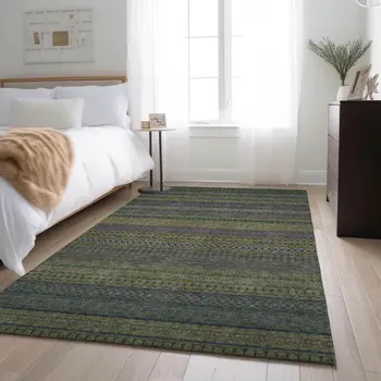 5' X 8' Olive Green And Blue Striped Washable Area Rug With UV Protection